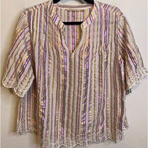 SOFT SURROUNDINGS Ciel Metallic Stripe Eyelet Top Blouse Pintuck Scalloped LARGE